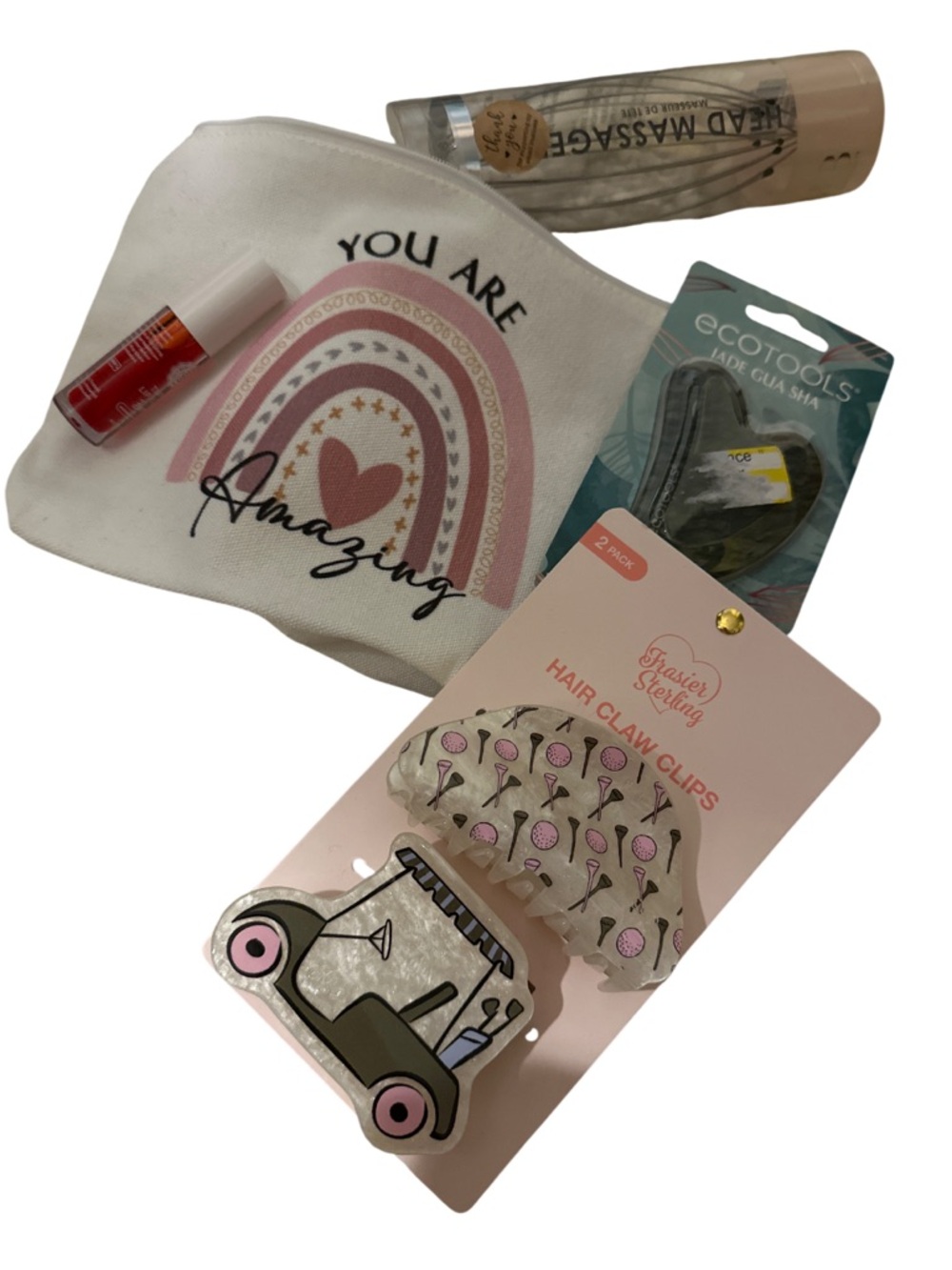 You Are Amazing' Rainbow Cosmetic Pouch with Pink Hair Clips